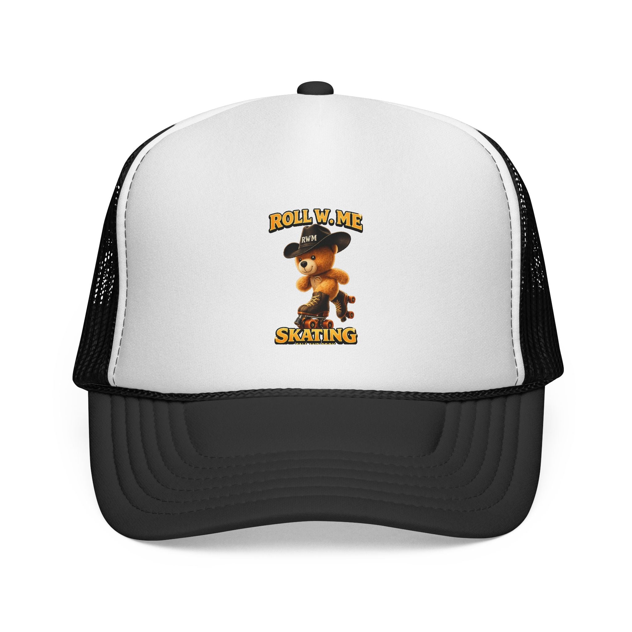 Trucker Cap – "Roll W. Me I'm Skating" Vintage Teddy Skate Graphic