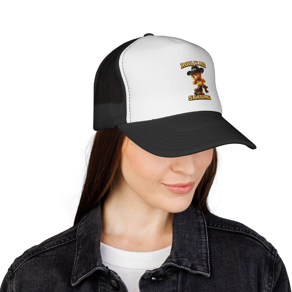 Trucker Cap – "Roll W. Me I'm Skating" Vintage Teddy Skate Graphic