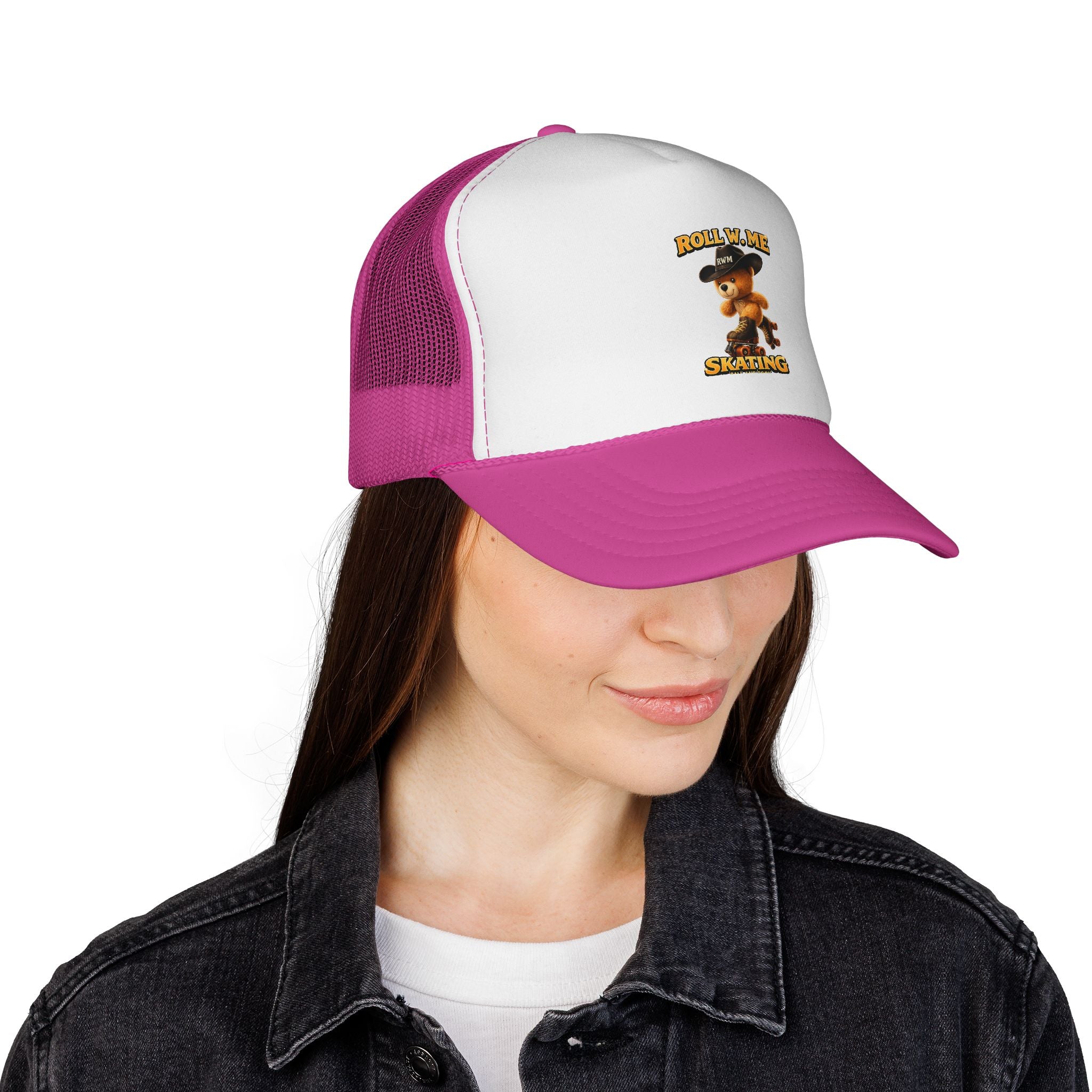 Trucker Cap – "Roll W. Me I'm Skating" Vintage Teddy Skate Graphic